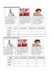 English Worksheet: Reading comprehension- Read and complete the chart