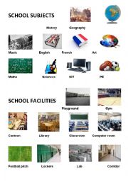 English Worksheet: school subjects and facilities