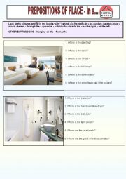 English Worksheet: Tourism - prepositions of place - hotel rooms