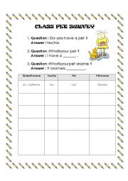 English Worksheet: Class pet survey