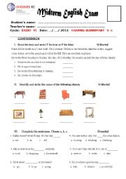 English Worksheet: Mid Term Exam with Object pronouns , present progressive