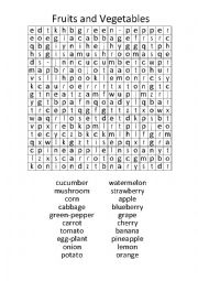 English Worksheet: Fruits and Vegetables word search