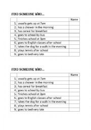 English Worksheet: Find someone who (daily routines)