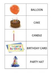 English Worksheet: VOCABULARY BIRTHDAY PARTY MEMORY GAME