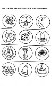 English Worksheet: COLOUR THE 2 PICTURES IN EACH ROW THAT RHYME.