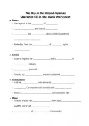 English Worksheet: The Boy in the Striped Pyjamas: Character Fill-in-the-Blank