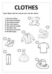 English Worksheet: Color and match the clothes