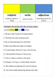 English Worksheet: Subject (noun) Verb Adjective word order, parts of speech