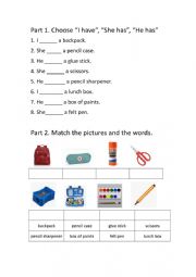 English Worksheet: I have, She has, He has+ Stationery word