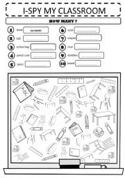 English Worksheet: classroom objects i-spy and test