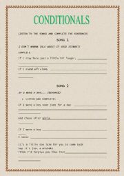 English Worksheet: WORKSHEET ON CONDITIONAL SONGS