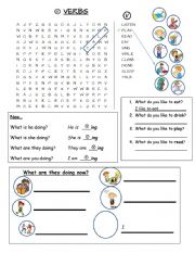 simple verbs present continuous worksheet wordsearch