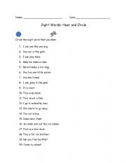English Worksheet: Hear and Circle the Sight Word