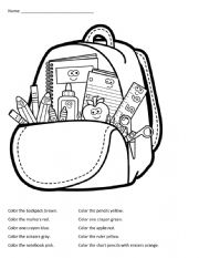 English Worksheet: Color the Backpack and Learn your colors