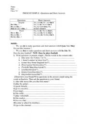 English Worksheet: Present Simple - questions and short answers