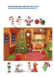 christmas prepositions. listen and draw lines
