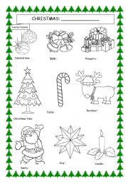English Worksheet: christmas vocabulary-objects to translate in your language and color.