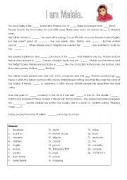 English Worksheet: Malala Yousafzai Interesting Facts Quiz 3rd years