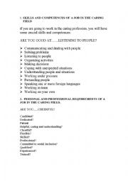 English Worksheet: skills in caring field