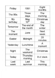 English Worksheet: time prepositions - in, at, on, no preposition - matching exercise