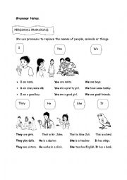 English Worksheet: PERSONAL PRONOUNS Notes