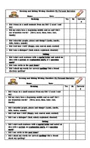 English Worksheet: Personal Narrative Rubric