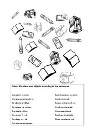 English Worksheet: colours and classroom objects