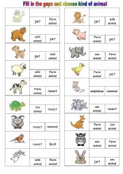 English Worksheet: Fill in the gaps and choose kind of animal