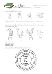 Animals, Prepositions of place, Days of the week, Action Verbs, Short answer questions