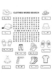 English Worksheet: Clothes Word Search