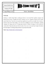 English Worksheet: 2017 / 2018 9th Form Mid-Term Test 3