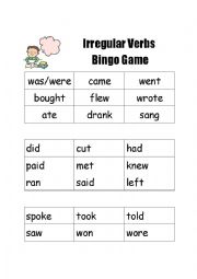 English Worksheet: Irregular Verbs Bingo Game