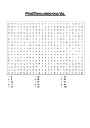 English Worksheet: Word Search Numbers 1-100
