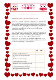 English Worksheet: St Valentines day reading comprehension and vocabulary