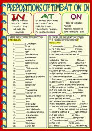 English Worksheet: Time prepositions at on in with key