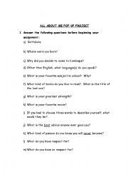 English Worksheet: All About Me Pop Up Project
