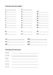 English Worksheet: Numbers and prices