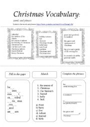 English Worksheet: Christmas Vocabulary (listening? useful phrases, exercises)