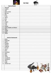 English Worksheet: Music (vocabulary list for pre-inermediate students)