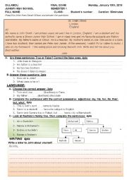 English Worksheet: Test for 7th grade 2 