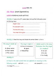 English Worksheet: the lesson of reading and writing great expectations