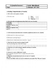 English Worksheet: (End- term test 1) First form