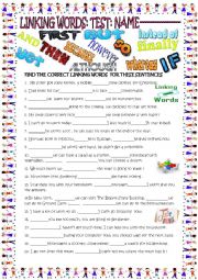 English Worksheet: linking words test with key