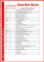 Guinea worm disease. Vocabulary sheet.