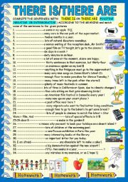 English Worksheet: There is tehre are all forms: practice