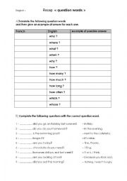 English Worksheet: W question words
