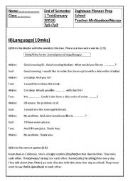 English Worksheet: End of Semester 1 Test.7thorm Tunisia 