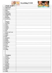 English Worksheet: Describing Food (a vocabulary list)