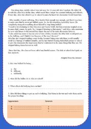 English Worksheet: READING COMPREHENSION TEST ON BULLYING