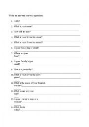 English Worksheet: Questions for Starters Speaking and Writing practice